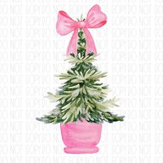 a watercolor painting of a christmas tree in a pink pot with a bow on top