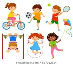 a group of kids playing and jumping around with different sports equipment, including a bike, tennis racket, bicycle, ball, kite, and other items