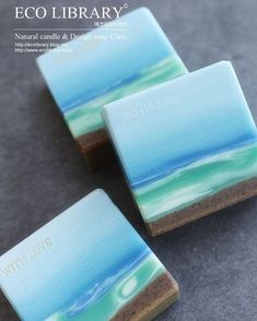 three soap bars sitting on top of each other with the words eco library written on them