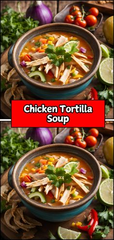 two bowls of chicken tortilla soup with garnishes and limes