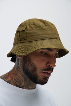 Available In Olive. Bucket Hat Solid Color Contrast Stitching Cargo Pocket Detail Imported | Mens No Empty Pockets Bucket Hat in Olive Green by Fashion Nova Men In Bucket Hats, Hats For Men Trendy, Bucket Hat Outfit Mens, Men Bucket Hat, Bucket Hats For Men, Bucket Hat Outfit, Olive Bucket, Winter Bucket Hat, Olive Fashion