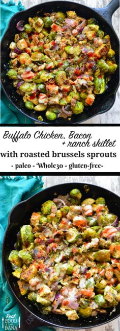 two pictures showing different types of brussel sprouts in a cast iron skillet