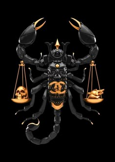 a black scorpion with gold scales on it's back and two golden skulls on its chest