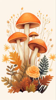 three mushrooms are sitting on the ground surrounded by leaves and flowers, one is orange