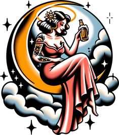 a woman sitting on the moon holding a beer