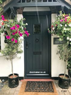 two potted plants on the side of a door