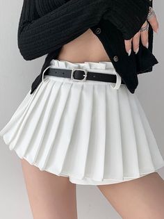 Removable belt, Pleated design, Safe pants inside. Color: White, Black, Grey Unit: CM Waist Hip Length XS 66 84 25 S 70 88 26 M 74 92 27 L 78 96 28 * 1cm ≈ 0.3937 inchNote: There may be 2-3cm error due to manual measurement. If you need size help, please drop us a message, we'd love to help. Coffee Heart, Grey Khakis, White Skirts