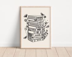 a black and white drawing of books stacked on top of each other in front of a wall