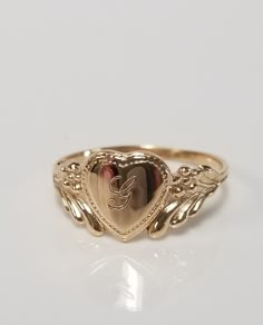 "Thanks for shopping our vintage estate store. We tend to sell well below wholesale and truly hope you enjoy all of our items. Many of the items are one of a kind, so please enjoy scrolling through the pictures and hopefully something will catch your eye. Brown spots are from camera or reflections. Estate 14k yellow gold monogram capital G cursive heart ring. Custom made ring for our shop. Ring size: 3 Setting: 7.5mm 1/4\" to 3/8\" Band width: 1.4mm Weight: .78 gram Marked 14k and it's sweet. On G Initial Ring, G Cursive, Cursive G, J Ring, Freetime Activities, G Initial, Charm Necklace Diy, G Ring, Antique Style Rings