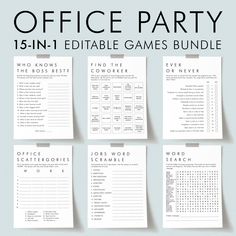 the office party game bundle is shown in black and white, with four pieces of paper attached