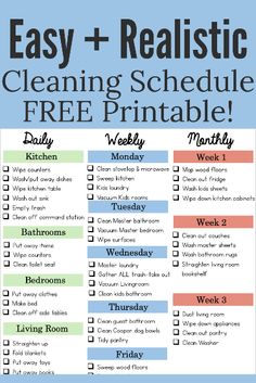 a printable cleaning schedule with the words easy and realistic, including free printables