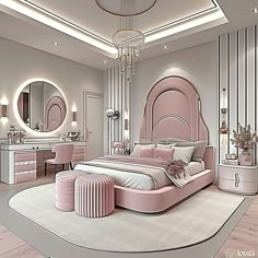 a bedroom with pink furniture and mirrors on the walls, along with a chandelier