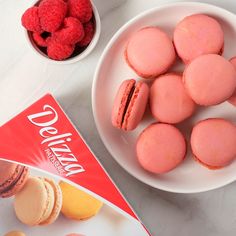 pink macaroons and raspberries on a plate next to a bag of gourmet desserts