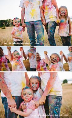 the family is covered in colored powder and posing for pictures