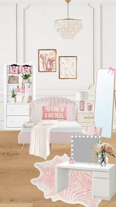 a bedroom with white furniture and pink accessories on the floor, including a bed, dresser, mirror, and dressing table