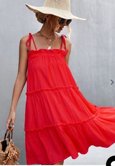 Super cute beautiful red ruffly tiered sun dress with shoulder tie straps. Nice and roomy, lightweight flowy dress that is perfect for hot sunny days. Sun Dress Long, Red Sun Dress, Long Sundress, Red Sun, Straight Neckline, Fit Dress, Dress Boho, Trendy Clothes For Women, Sun Dress