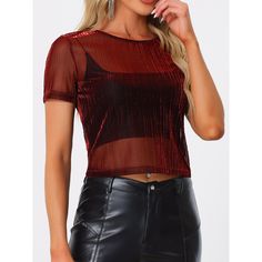 Elevate your evening ensemble with the Allegra K Women's Mesh Crop Short Sleeve Top. This eye-catching piece is perfect for adding a touch of glamour to any outfit, whether you're heading to a party, club, or dance event.

- Material: High-quality mesh
- Color: Vibrant Red
- Size: Small
- Gender: Female
- Features: Round neckline, crop length, short sleeves

The sheer fabric and metallic finish make it a standout choice for those who love to make an entrance. Pair it with tailored trousers for a Leggings And Heels, Slim Fit Crop Top, Mesh Short, Metallic Party, Floral Lace Tops, Women's Blouses, Elegant Blouses, Red Shirt, Leather Leggings