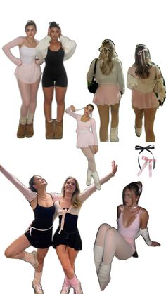 four different pictures of women in short skirts and tights, one with her arms outstretched