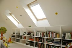 a room with several bookshelves and two skylights on the top of them