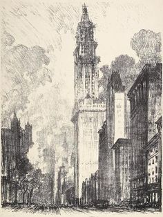 an old drawing of a city with tall buildings