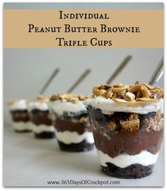 individual peanut butter brownie trifle cups on a white table with text overlay