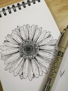 a drawing of a flower on paper next to a marker and pen with the words,