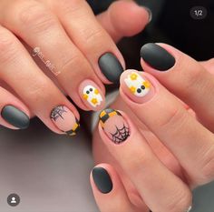 Cute Simple Spooky Nails, Fun Spooky Nails, Fall Nails With Checkers, Cute Hollowed Nails, Nail With Smiley Face, Ghost And Spider Web Nails, Casper The Friendly Ghost Nails, Cute Halloween Nail Designs Short, Halloween Girly Nails