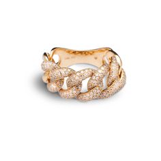 Large micro-pave Cuban chain rings available in 14K yellow, white, and rose gold are the perfect accent for any outfit. These chic rings can be worn on any finger and seen on the latest runways as well as with a casual outfit on the go. 14K yellow, rose, or white gold 5.69 grams gold 240 round brilliant diamonds Micro-pave diamond setting Complementary gift wrap included This ring is our designer's absolute favorite everyday and evening wear ring for any finger. Bezel Set Earrings, Signature Bracelet, Chic Rings, Diamond Stacks, Bridal Diamond Jewellery, Diamond Education, Pave Diamond Ring, Diamond Charm, Diamond Settings