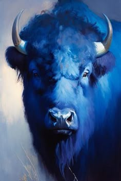 a painting of a blue buffalo with large horns