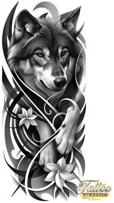 a wolf tattoo design with flowers on it