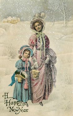 an old fashioned christmas card featuring two women in the snow, one holding a child's hand