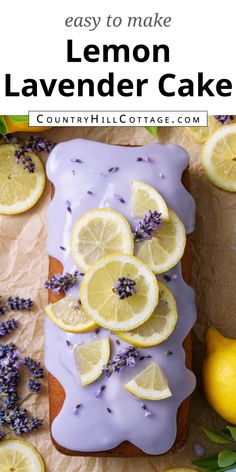 a lemon lavender cake on top of a piece of parchment paper