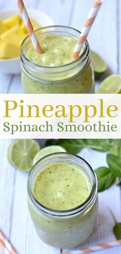 two mason jars filled with pineapple spinach smoothie on top of a white table