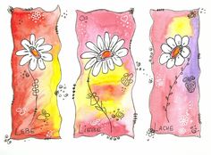 three watercolor and ink drawings of flowers in different colors, with the words liea aloe written on them