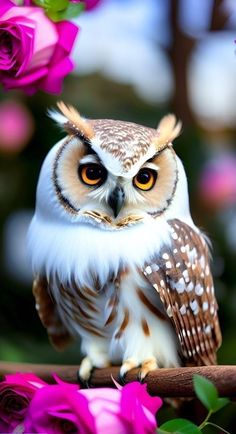 an owl sitting on top of a branch with pink roses around it and eyes wide open