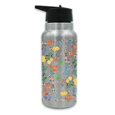 a stainless steel water bottle with colorful flowers on it