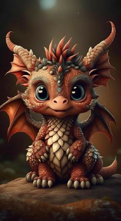 a cute little dragon sitting on top of a pile of dirt with its eyes wide open