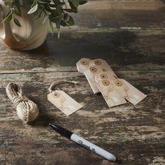 some crafting supplies sitting on a table next to a potted plant and twine