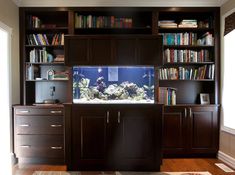 a fish tank sitting on top of a wooden cabinet