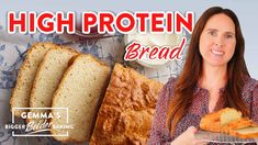 a woman holding a plate with bread on it and the words, high protein bread