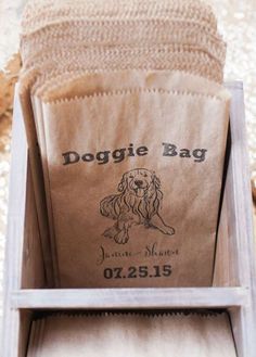 a doggie bag sitting on top of a wooden box