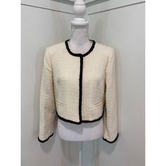 Classic J.Crew Lady Jacket In Natural. Off White With Black Trim And Gold Signature Buttons. Fully Lined. Nwt, Comes With Extra Button. Style Is Bj987. Shell: 55% Wool, 45% Polyester Lining: 100% Polyester Pit To Pit: 19.75 In Total Length: 18 In Shoulder Seam To Cuff: 22 In White With Black Trim, Lady Jacket, Button Style, Black Trim, Black Cream, J Crew, Jackets & Coats, Jackets For Women, Size 10