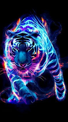 a digital painting of a tiger with blue and pink lights on it's face