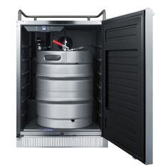 an open beer keg in the back of a metal cabinet on a white background