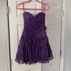 Never Worn, Purple Sequin Dress Y2k Hoco Dress, Dark Purple Homecoming Dress, Purple Hoco Dresses, Purple Hoco, Purple Sequin Dress, Hoco Ideas, Descendants 1, Purple Gown, Purple Homecoming Dress