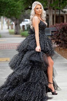 High Low V Neck Black Tulle Layered Long Prom Dresses, High Low Black – Lwt Dress Tulle Formal Dress, Glitter Prom Dresses, Tulle Long Prom Dress, Sweep Train Prom Dress, Prom Dress Black, High Low Prom Dresses, Tulle Evening Dress, Black Dress Formal, Sparkle Dress