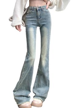 Light Wash High Waisted Flare Jeans for Women 60s Aesthetic Retro Wide Leg Winter Jeans, Winter Wide Leg Retro Jeans, Vintage Wide Leg Jeans For Winter, Retro Stretch Flare Jeans For Fall, Retro Denim Bottoms For Winter, Casual Fitted Winter Flare Jeans, Retro Winter Denim Bottoms, Retro High Rise Flare Jeans For Spring, Retro High Rise Stretch Flare Jeans