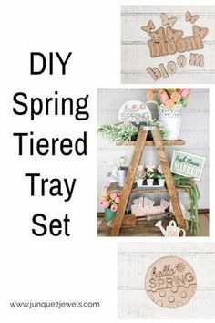 the diy spring tiered tray set is made from wood and has flowers on it