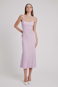 Sheer style. The Adoni Mesh Midi Dress is a retro style crafted with a sensual slip dress silhouette and a textural mesh overlay that features flower motifs. This design has a feminine lilac colourway that can take you from sunrise to sunset.

SIZING: True to size. AU: Model wears a size 8 / US: Model wears a size 4.

FABRICATION: Main: 45% Polyamide, 40% Cotton, 15% Elastane. Lining: 100% Polyester.

- Adjustable rouleau straps.
- Fully lined
- Invisible zipper Corsets Fashion, Mum Jeans, Dress Lilac, Mesh Midi Dress, Day To Night Dresses, White Cocktail Dress, Flower Motifs, Essential Dress, Bodysuit Fashion