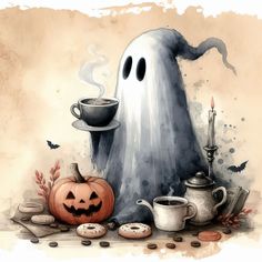 a watercolor painting of a ghost with coffee and pumpkins